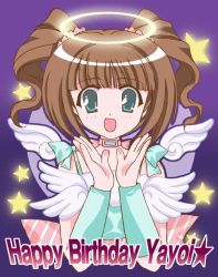 Rule 34 | 00s, 1girl, blue eyes, brown hair, cute &amp; girly (idolmaster), gussan, halo, idolmaster, idolmaster (classic), idolmaster 1, open mouth, pastel marine, solo, star (symbol), takatsuki yayoi, twintails, wings