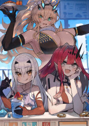 Rule 34 | 3girls, baobhan sith (fate), bare shoulders, barghest (fate), bikini, black bikini, black gloves, blonde hair, breasts, cleavage, cup, earrings, elbow gloves, fairy knight gawain (ice warrior) (fate), fate/grand order, fate (series), food, forked eyebrows, gloves, gold trim, green eyes, grey eyes, hair ornament, hair scrunchie, high ponytail, highres, horns, jewelry, katsu (katsupainter), large breasts, licking lips, long hair, looking at viewer, melusine (fate), multiple girls, open mouth, pink hair, pointy ears, scarf, scrunchie, shaved ice, sidelocks, small breasts, smile, spoon, swimsuit, tiara, tongue, tongue out, tray, white bikini, white hair, white scarf, yellow eyes
