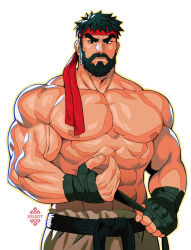 Rule 34 | 1boy, abs, artist name, bandages, bara, bare pectorals, beard, belt, biceps, facial hair, hakama, headband, highres, japanese clothes, large pectorals, looking at viewer, male focus, mature male, muscular, muscular male, nipples, pectoral cleavage, pectorals, ryu (street fighter), sideburns, street fighter, street fighter 6, thick eyebrows, topless male, veins, wrinkled skin, xelgot
