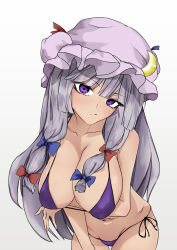 Rule 34 | 1girl, alternate costume, arm under breasts, bare shoulders, bikini, blunt bangs, blunt tresses, bow, breasts, cowboy shot, crescent, crescent hat ornament, hair bow, hair ribbon, hat, hat ornament, highres, large breasts, leaning forward, long hair, looking at viewer, mob cap, navel, ohkey now, patchouli knowledge, purple bikini, purple eyes, purple hair, ribbon, simple background, solo, swimsuit, tan, touhou, tress ribbon, very long hair, white background