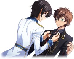 Rule 34 | 2boys, adjusting another&#039;s clothes, arm at side, artist request, black hair, black jacket, black ribbon, blush, brown hair, code geass, code geass: lost stories, collared shirt, cropped torso, dutch angle, eye contact, game cg, gold trim, green eyes, grey shirt, hair between eyes, hand up, hands up, happy, jacket, kururugi suzaku, lelouch vi britannia, light blush, long sleeves, looking at another, male focus, multiple boys, neck ribbon, non-web source, official art, parted lips, purple eyes, ribbon, shirt, short hair, sidelocks, simple background, smile, standing, sweat, teeth, transparent background, upper body, white jacket