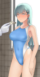 Rule 34 | 1boy, 1girl, absurdres, admiral (kancolle), amaoto machi, aqua eyes, aqua hair, bathroom, blue one-piece swimsuit, blush, breasts, collarbone, competition swimsuit, covered navel, cowboy shot, day, embarrassed, gloves, hair ornament, hairclip, highleg, highleg swimsuit, highres, holding, holding money, indoors, jacket, kantai collection, large breasts, long hair, long sleeves, looking at viewer, military, military uniform, money, tucked money, naval uniform, one-piece swimsuit, out of frame, standing, suzuya (kancolle), swimsuit, thighs, uniform, white gloves, window, yen