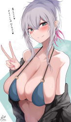 Rule 34 | 1girl, bikini, bikini top only, blue bikini, breasts, cleavage, closed mouth, ear piercing, fingernails, green eyes, highres, large breasts, looking at viewer, nail polish, navel, original, piercing, pink nails, silver hair, smile, solo, swimsuit, translation request, upper body, v, yuzuki himuka