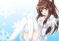 Rule 34 | 10s, 1girl, :d, blush, breasts, brown eyes, brown hair, cleavage, collarbone, dress, elbow gloves, female focus, foreshortening, gloves, hand on own chest, hasu (velicia), knees together feet apart, legs, long hair, looking at viewer, ogiso setsuna, open hand, open mouth, outstretched arm, smile, solo, thighhighs, two side up, white album, white album (series), white album 2, white dress, white gloves, white thighhighs