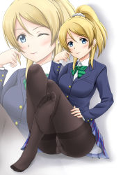 Rule 34 | 10s, 1girl, ass, ayase eli, black pantyhose, blazer, blonde hair, blue eyes, blush, crossed legs, crotch seam, feet, fuuma nagi, high ponytail, jacket, looking at viewer, love live!, love live! school idol project, necktie, no shoes, one eye closed, panties, panties under pantyhose, pantyhose, plaid, plaid skirt, playing with own hair, ponytail, school uniform, sitting, skirt, smile, solo, thighband pantyhose, underwear, zoom layer