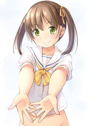 Rule 34 | 1girl, bottomless, collarbone, commentary, green eyes, groin, hair ribbon, highres, long hair, looking at viewer, neckerchief, no panties, no pants, original, out-of-frame censoring, outstretched arms, palms, reaching, reaching towards viewer, ribbon, school uniform, serafuku, shibacha (shibacha 0728), shirt, short sleeves, smile, solo, twintails, uniform, upper body, white shirt, yellow neckerchief, yellow ribbon