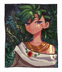 Rule 34 | 1boy, bad id, bad pixiv id, black hair, dappled sunlight, facial mark, fern, green hair, jewelry, looking at viewer, male focus, mauro abelard, multicolored hair, necklace, o (rcmv4552), off shoulder, plant, purple eyes, shade, shadowverse, shadowverse (anime), solo, spiked hair, sunlight, tunic, two-tone hair