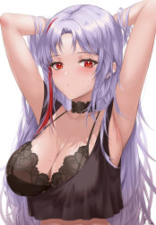 Rule 34 | 1girl, absurdres, armpits, arms up, azur lane, black bra, black choker, blush, bra, breasts, choker, cleavage, closed mouth, clothes pull, collarbone, crop top, hands in hair, highres, ichikushi mojibake, large breasts, looking at viewer, mole, mole on breast, multicolored hair, official alternate costume, parted bangs, red eyes, red hair, silver hair, simple background, sleeveless, streaked hair, tallinn (azur lane), tallinn (nostalgic pilsner) (azur lane), two-tone hair, underwear, white background