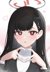 Rule 34 | absurdres, black hair, black jacket, black suit, blue archive, blunt bangs, blush, bright pupils, commentary, embarrassed, formal, hair ornament, hairclip, heart, heart hair ornament, highres, holding hands, jacket, long hair, long sleeves, red eyes, ringed eyes, rio (blue archive), suit, suit jacket, sweater, turtleneck, turtleneck sweater, twitter username, upper body, white pupils, white sweater, zinkaa