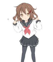 Rule 34 | 10s, 1girl, anchor symbol, black pantyhose, black skirt, blouse, brown eyes, brown hair, core (mayomayo), hair ornament, hairclip, holding, holding hair, ikazuchi (kancolle), kantai collection, long sleeves, looking at viewer, neckerchief, pantyhose, pleated skirt, red neckerchief, sailor collar, school uniform, serafuku, shirt, simple background, skirt, solo, white background