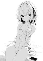 Rule 34 | 1girl, absurdres, bare legs, bare shoulders, bed sheet, between legs, blush, breasts, camisole, cellphone, chen bin, collarbone, earphones, greyscale, hair intakes, hair ribbon, hand between legs, highres, leaning to the side, looking at viewer, medium breasts, monochrome, no pants, original, panties, phone, ribbon, short hair, simple background, sitting, smartphone, solo, spaghetti strap, strap gap, underwear, v arms, white background