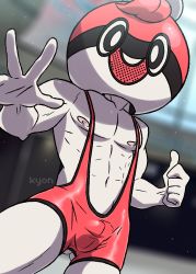 Rule 34 | 1boy, abs, absurdres, alolan boy, alternate costume, artist name, bad id, bad twitter id, ball guy, blurry, blurry background, bulge, colored skin, commentary, creatures (company), english commentary, game freak, gluteal fold, highres, looking at viewer, male focus, mascot, mascot head, navel, nintendo, nipples, pokemon, pokemon swsh, solo, spread fingers, thumbs up, watermark, white skin