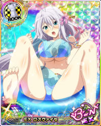 Rule 34 | 1girl, antenna hair, aqua eyes, barefoot, bikini, blue bikini, blush, bracelet, breasts, card (medium), character name, chess piece, embarrassed, feet, hair ribbon, high school dxd, high school dxd born, hologram, jewelry, large breasts, long hair, looking at viewer, navel, official art, open mouth, pastel colors, ribbon, rook (chess), rossweisse, silver hair, soles, solo, swimsuit, third-party source, trading card, very long hair