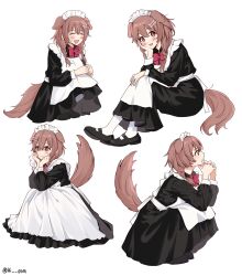 Rule 34 | 14 (vision5032), 1girl, absurdres, alternate costume, animal ears, apron, black dress, black footwear, bone hair ornament, braid, brown eyes, brown hair, commentary, dog ears, dog girl, dog tail, dress, enmaided, fangs, full body, hair ornament, heart, highres, hololive, inugami korone, long dress, long sleeves, maid, maid apron, maid headdress, mary janes, multiple views, neck ribbon, open mouth, red ribbon, ribbon, shoes, sitting, smile, socks, spoken heart, squatting, tail, twin braids, virtual youtuber, white apron, white socks