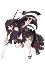 Rule 34 | 1girl, artist request, bare shoulders, black hair, breasts, detached sleeves, dutch angle, frilled skirt, frilled sleeves, frills, full body, holding, holding spear, holding weapon, large breasts, leaning forward, long hair, midriff, miniskirt, navel, official art, open mouth, oshiro project:re, oshiro project:re, outstretched arm, polearm, purple eyes, running, sawayama (oshiro project), skirt, solo, spear, transparent background, very long hair, weapon