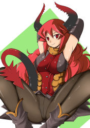 Rule 34 | 1girl, armpits, arms behind back, arms up, bad id, bad pixiv id, big hair, black gloves, boots, crotch seam, demon girl, demon tail, elbow gloves, fang, gloves, horns, kojou, long hair, maou beluzel, panties, panties under pantyhose, pantyhose, red eyes, red hair, ribbon, sitting, smile, solo, spread legs, tail, tail ornament, tail ribbon, underwear, very long hair, wavy hair, white panties, yuusha to maou