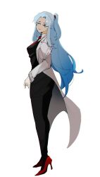 Rule 34 | 0o0onnk, 1girl, angela (project moon), black pantyhose, black skirt, black vest, blue hair, breasts, closed mouth, coat, collarbone, facing to the side, facing viewer, full body, highres, lab coat, large breasts, lobotomy corporation, long hair, pantyhose, parted bangs, pencil skirt, project moon, skirt, smile, solo, very long hair, vest, white coat