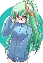 Rule 34 | 1girl, adjusting hair, alternate costume, athena (p&amp;d), bespectacled, blush, buruma, glasses, green hair, gym uniform, hair ornament, highres, long hair, looking at viewer, pikomarie, puzzle &amp; dragons, red-framed eyewear, red eyes, shield, solo, sweater, very long hair, zipper