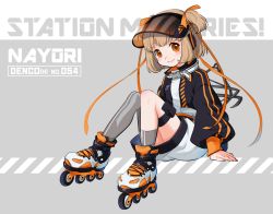 Rule 34 | 1girl, asymmetrical legwear, blush, brown hair, character name, character request, commentary request, copyright name, english text, eyelashes, grey thighhighs, hair ornament, hair ribbon, happy, inline skates, jacket, kashito05, looking at viewer, medium hair, orange eyes, ribbon, roller skates, short twintails, sitting, skates, smile, solo, station memories, thighhighs, thighs, twintails, uneven legwear