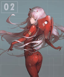 Rule 34 | 1girl, ass, bodysuit, breasts, darling in the franxx, dino (dinoartforame), from behind, green eyes, grey background, highres, horns, long hair, looking at viewer, medium breasts, pink hair, red bodysuit, red horns, solo, zero two (darling in the franxx)