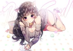 Rule 34 | 1girl, animal ears, artist name, bad id, bad pixiv id, bag, bare shoulders, black hair, blush, breasts, cat ears, cat tail, cleavage, detached sleeves, handbag, high heels, long hair, meme attire, open-chest sweater, open mouth, original, purple eyes, solo, sukja, sweater, tail, thigh strap