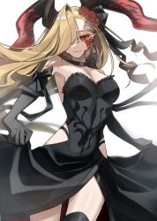 1girl alternate_costume black_bow black_dress bow breasts cleavage covered_navel dress earrings elbow_gloves fang fate/grand_order fate_(series) flower gloves hair_flower hair_ornament hair_over_one_eye hiyoko_no_tamago horns jewelry large_breasts long_hair nero_claudius_(fate) nero_claudius_(fate)_(all) queen_draco_(fate) queen_draco_(third_ascension)_(fate) red_eyes second-party_source skin_fang white_background