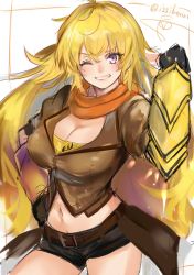 Rule 34 | 1girl, ;d, artist name, belt, breasts, cleavage, fingerless gloves, gauntlets, gloves, grin, highres, isshiki (ffmania7), large breasts, long hair, looking at viewer, navel, one eye closed, orange scarf, rwby, scarf, shorts, simple background, smile, solo, teeth, white background, yang xiao long