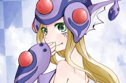 Rule 34 | 1girl, armor, back, blonde hair, breasts, cosplay, digimon, digimon frontier, facial mark, fang, gauntlet, green eyes, hand on own face, hat, helmet, jewelry, long hair, looking back, orimoto izumi, ranamon, ranamon (cosplay), sideboob, small breasts, smile, solo