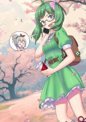 Rule 34 | absurdres, alternate costume, backpack, bag, belt, cherry blossoms, drink, fire emblem, fire emblem fates, glasses, green hair, hair bun, highres, holding, holding drink, igni tion, kana (female) (fire emblem), kana (fire emblem), midori (fire emblem), nintendo, outdoors, purple eyes, short twintails, siblings, sisters, talking on phone, twintails