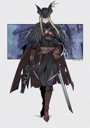 Rule 34 | 1girl, belt, black hat, blonde hair, bloodborne, boots, brown footwear, brown gloves, cape, commentary, commission, english commentary, full body, fur-trimmed cape, fur trim, gloves, gun, hat, herheim, highres, holding, holding gun, holding weapon, hunter (bloodborne), long hair, looking at viewer, sheath, sheathed, simple background, solo, standing, sword, torn cape, torn clothes, tricorne, weapon, white background, yellow eyes