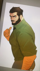 Rule 34 | 1boy, arm hair, bara, beard, black hair, collared shirt, come hither, facial hair, feet out of frame, green shirt, hair slicked back, highres, large pectorals, male focus, muscular, muscular male, original, pectorals, pointing, pointing forward, powerlesssong, raised eyebrow, seductive smile, shirt, short hair, sleeves rolled up, smile, solo, thick eyebrows, unfinished