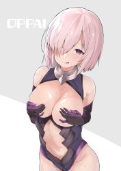 Rule 34 | 1girl, :q, absurdres, black gloves, blush, breasts, breasts out, clothing cutout, covering privates, covering breasts, covering nipples, cowboy shot, dutch angle, elbow gloves, fate/grand order, fate (series), gloves, grey background, hair over one eye, head tilt, highres, large breasts, leotard, mash kyrielight, mitsudoue, navel, navel cutout, pink hair, purple eyes, short hair, simple background, solo, standing, sweat, tongue, tongue out
