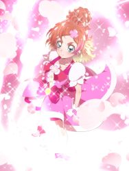 Rule 34 | 1girl, blonde hair, blue eyes, bow, brown hair, choker, cure flora, earrings, eyebrows, full body, gloves, go! princess precure, gradient hair, hair ornament, hairclip, haruno haruka, henshin, jewelry, multicolored hair, petals, pink background, pink bow, pink hair, pink skirt, precure, serious, short hair, skirt, solo, sparkle, standing, thick eyebrows, tj-type1, transformation, waist bow, white gloves