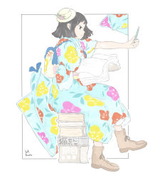 Rule 34 | 1girl, absurdres, black hair, book, book stack, boots, brown footwear, floral print, full body, grey hair, highres, holding, holding pencil, japanese clothes, kawatsu yuuki, kimono, open book, original, pencil, pencil skirt, print kimono, profile, short hair, short sleeves, signature, simple background, sitting, skirt, solo, white background