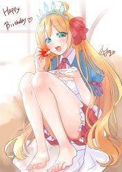 Rule 34 | 1girl, absurdres, ahoge, aqua eyes, barefoot, blonde hair, blush, feet, food, fruit, headdress, highres, long hair, looking at viewer, open mouth, pecorine (princess connect!), plate, princess connect!, princess connect!, strawberry, toes