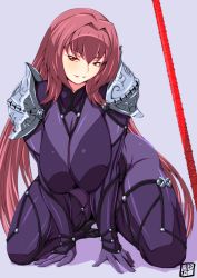 Rule 34 | 1girl, armor, between legs, bodysuit, breasts squeezed together, breasts, donson, fate/grand order, fate (series), gae bolg (fate), grin, hand between legs, highres, large breasts, leotard, long hair, looking at viewer, outstretched arms, pauldrons, polearm, purple bodysuit, purple hair, purple leotard, red eyes, scathach (fate), scathach (fate), shoulder armor, smile, smirk, smug, solo, spear, spread arms, v arms, weapon