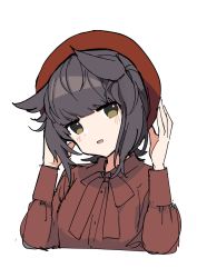 Rule 34 | 1girl, alternate costume, black hair, green eyes, hair horns, hatsuzuki (kancolle), headwear request, highres, kantai collection, long sleeves, looking at viewer, open mouth, red headwear, red shirt, sayuwan, shirt, short hair, simple background, smile, solo, white background