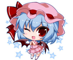 Rule 34 | 1girl, bad id, bad pixiv id, bat wings, blue hair, blush, bow, brooch, chibi, commentary request, dress, eyebrows, full body, hair between eyes, hat, hat bow, jewelry, looking at viewer, mob cap, noai nioshi, one eye closed, open mouth, own hands together, pink dress, puffy short sleeves, puffy sleeves, red bow, red eyes, remilia scarlet, short sleeves, simple background, smile, solo, standing, star (symbol), touhou, white background, white legwear, wings