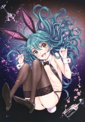 Rule 34 | 1girl, absurdres, ahoge, animal ears, ass, black bow, black bowtie, black footwear, blue hair, blush, bow, bowtie, breasts, collar, covered erect nipples, cup, drinking glass, floating, floating hair, focke wulf, full body, green eyes, high heels, highres, lace, lace-trimmed legwear, lace trim, liquid, long hair, non-web source, open mouth, original, rabbit ears, rabbit tail, revealing clothes, scan, small breasts, smile, solo, space, tail, thighhighs, wavy hair, wine glass, wrist cuffs, zero gravity