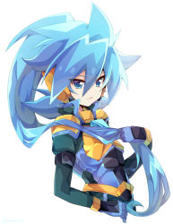 Rule 34 | 1boy, aqua shirt, armor, blue armor, blue eyes, blue gloves, blue hair, gloves, long sleeves, looking at viewer, male focus, open mouth, rento (rukeai), saikyou ginga ultimate zero ~battle spirits~, shirt, simple background, smile, solo, spiked hair, white background, zero the azure