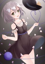Rule 34 | 1girl, absurdres, bare shoulders, black background, black dress, black hat, breasts, dress, gradient background, green eyes, grey background, grey hair, hair between eyes, hands up, hat, hat ribbon, highres, holding, komeiji koishi, looking at viewer, mantou xiang, no headwear, open mouth, petals, ribbon, sleeveless, small breasts, smile, solo, standing, third eye, touhou, yellow ribbon