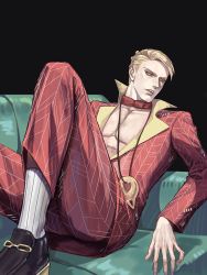 Rule 34 | 1boy, alternate color, blonde hair, couch, formal, jewelry, jojo no kimyou na bouken, leaning back, lying, magatama, magatama necklace, male focus, necklace, on back, palette swap, prosciutto, sitting, socks, solo, suit, vento aureo, white socks, yepnean