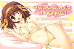 Rule 34 | 00s, 1girl, :d, bikini, blush, breastless clothes, breasts, brown hair, crotchless, crotchless swimsuit, halterneck, large breasts, milestone celebration, nipples, one eye closed, open mouth, short hair, side-tie bikini bottom, smile, string bikini, suzumiya haruhi, suzumiya haruhi no yuuutsu, swimsuit, uehiro, wink
