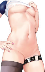 Rule 34 | 1girl, black thighhighs, blue sleeves, breasts, clothes lift, commentary request, cowboy shot, groin, hand on own hip, head out of frame, highres, leg belt, medium breasts, nail polish, navel, no panties, original, pink nails, shirt, shirt lift, simple background, single thighhigh, skindentation, solo, stomach, thighhighs, underboob, white background, white shirt, wusaihai
