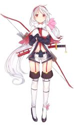 Rule 34 | 1girl, ankle strap, arrow (projectile), bell, blush, boots, bow, capelet, detached sleeves, flower, frown, full body, garter straps, geta, hair flower, hair ornament, hairband, high heels, highres, kojiki-life, kubota (shirohime quest), long hair, looking at viewer, low ponytail, midriff, obi, official art, pink eyes, quiver, sash, sheath, sheathed, shirohime quest, shirt, short shorts, shorts, solo, sword, thigh boots, thighhighs, transparent background, very long hair, wakizashi, weapon, white footwear, white hair, white shirt, yumi (bow)