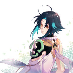 Rule 34 | 1boy, ahoge, arm tattoo, bare shoulders, bead necklace, beads, black hair, brill p, closed mouth, detached sleeves, facial mark, forehead mark, from behind, genshin impact, green hair, highres, jewelry, long hair, looking at viewer, looking back, male focus, multicolored hair, necklace, parted bangs, shoulder pads, shoulder spikes, simple background, sleeveless, solo, spikes, tattoo, xiao (genshin impact), yellow eyes