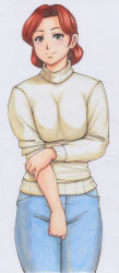 Rule 34 | 1girl, breasts, brown eyes, commentary request, cowboy shot, denim, holding own arm, jeans, mature female, medium breasts, medium hair, nemui333, original, pants, red hair, simple background, sleeve rolled up, smile, standing, sweater, traditional media, turtleneck, turtleneck sweater, white background, yellow sweater