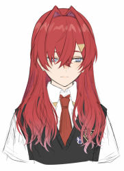 Rule 34 | 1girl, ange katrina, blue eyes, closed mouth, collared shirt, cropped torso, eyebrows hidden by hair, hair between eyes, hair intakes, hair ornament, highres, isshiki (ffmania7), long hair, necktie, nijisanji, red hair, red necktie, school uniform, shirt, short sleeves, simple background, solo, sweater vest, upper body, virtual youtuber, white background, white shirt