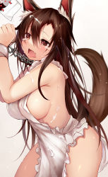 Rule 34 | 1girl, animal ear fluff, animal ears, apron, bare arms, bare shoulders, breasts, brooch, brown hair, chain, efe, fang, from side, hair between eyes, highres, imaizumi kagerou, jewelry, large breasts, long hair, milk, naked apron, open mouth, red eyes, sideboob, simple background, skin fang, solo, standing, suggestive fluid, tears, touhou, very long hair, wolf ears