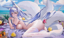 Rule 34 | 1girl, animal ear fluff, animal ears, ass, azur lane, beach, blue sky, bottle, breasts, bug, butterfly, cloud, day, food, fox ears, fox girl, fox tail, fruit, full body, hair between eyes, hair ornament, highres, insect, kitsune, large breasts, large tail, light purple hair, long hair, looking at viewer, lying, manjuu (azur lane), multiple tails, nude, on stomach, outdoors, purple eyes, shinano (azur lane), shoes, unworn shoes, sideboob, sky, solo, swimsuit, tail, thighhighs, thighs, very long hair, white footwear, white tail, white thighhighs, wine bottle, xllycyer